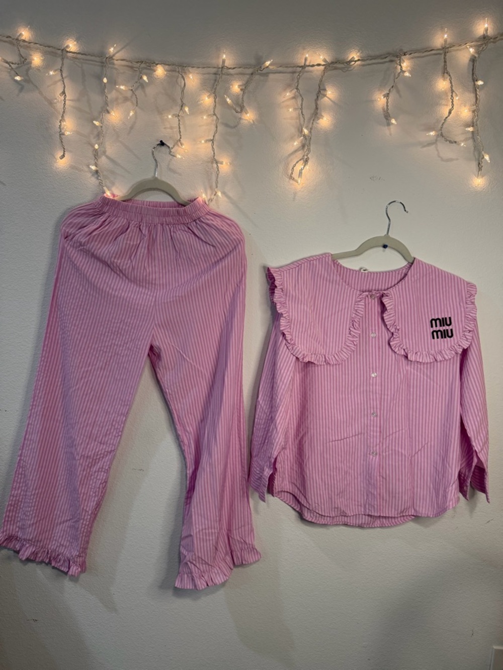 CME Studio Miu Miu Style Pink Stripe Ruffle Collar Pajama  Coquette Cute